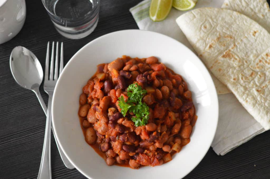 Top shot photo of vegan mixed bean chilli