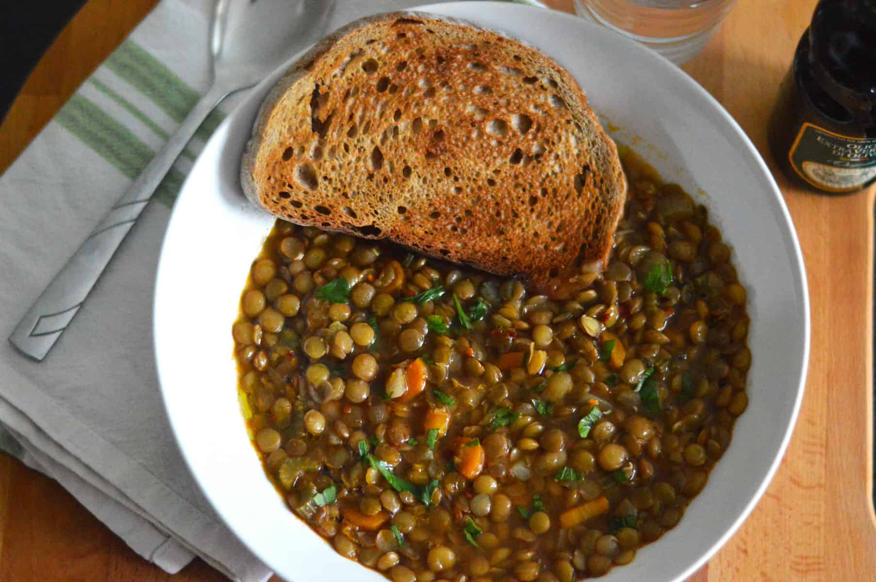 Puy lentil soup in a white bowl