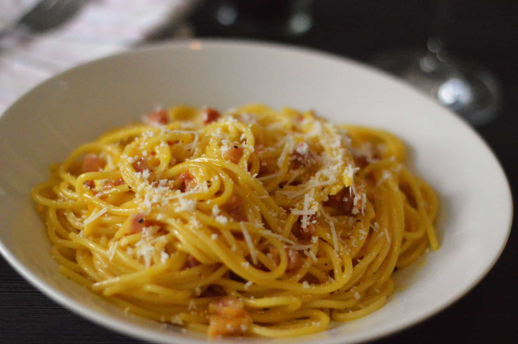 Spaghetti Carbonara in white bowl