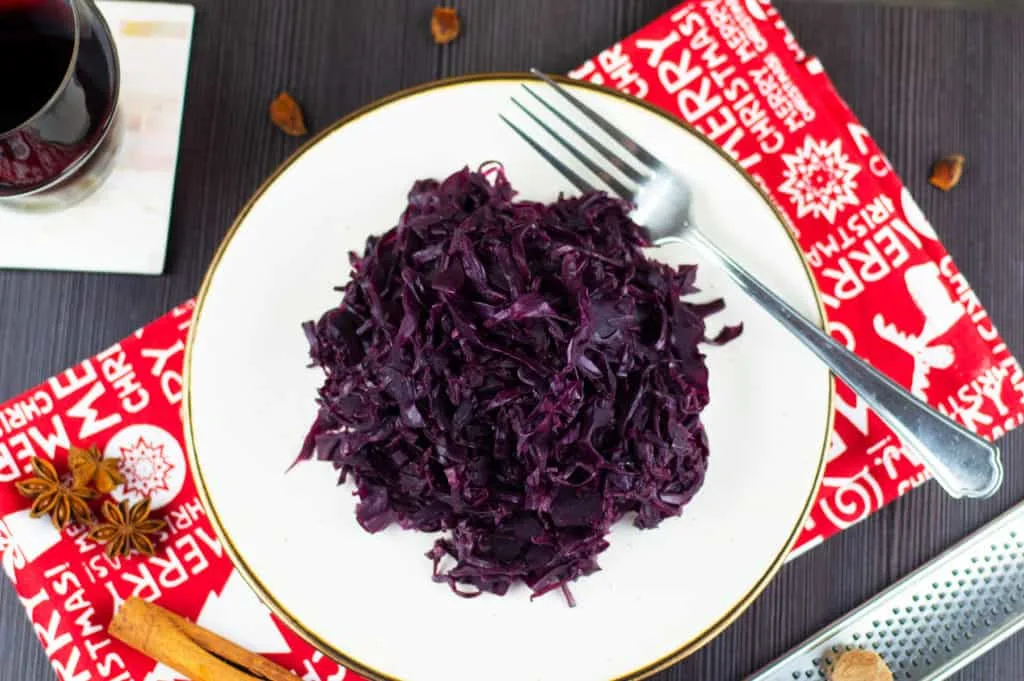Braised Red Cabbage on a white plate with a fork