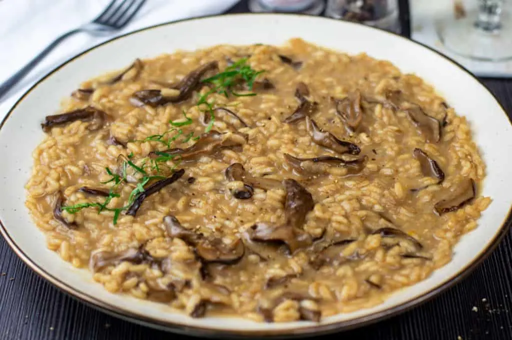 A photo of my Wild Mushroom Risotto recipe garnished with flat parsley