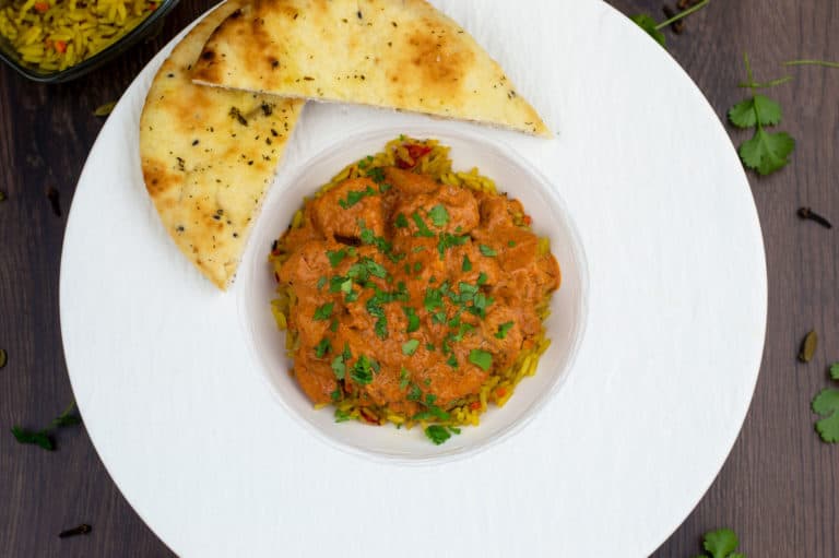 chicken rogan josh on rice with nan bread