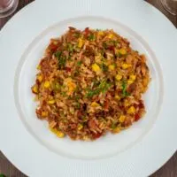corned beef and rice on a white plate