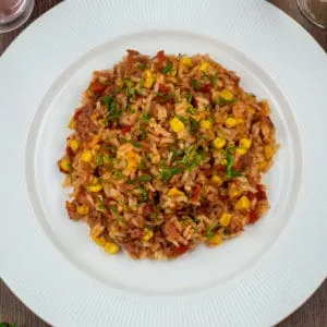 corned beef and rice on a white plate