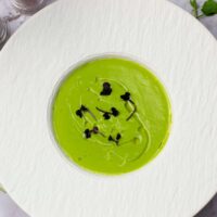 Pea soup with white truffle oil in a white bowl garnished with micro herbs