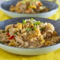 Chicken fried rice served in a china bowl