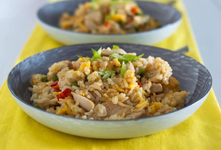 Chicken fried rice served in a china bowl