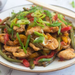 Keto Chicken stir fry garnished with spring onions and coriander