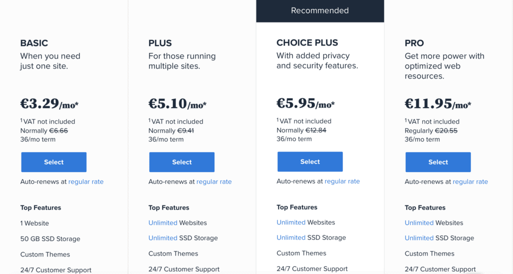 Bluehosts web hosting price plans