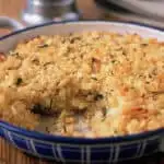 safe and onion stuffing in a baking dish
