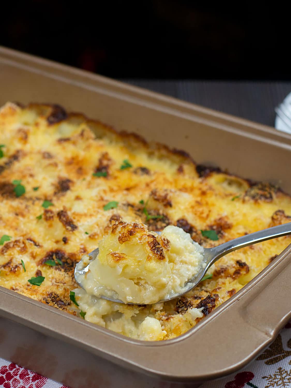 Freshly Baked Cauliflower cheese still in its baking tray. With a spoon lifting up a piece of cauliflower