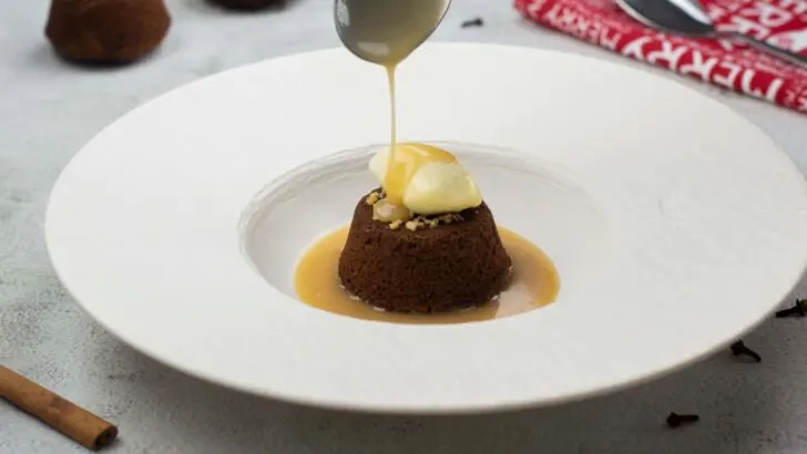 Sticky toffee pudding with spiced toffee sauce and ice cream
