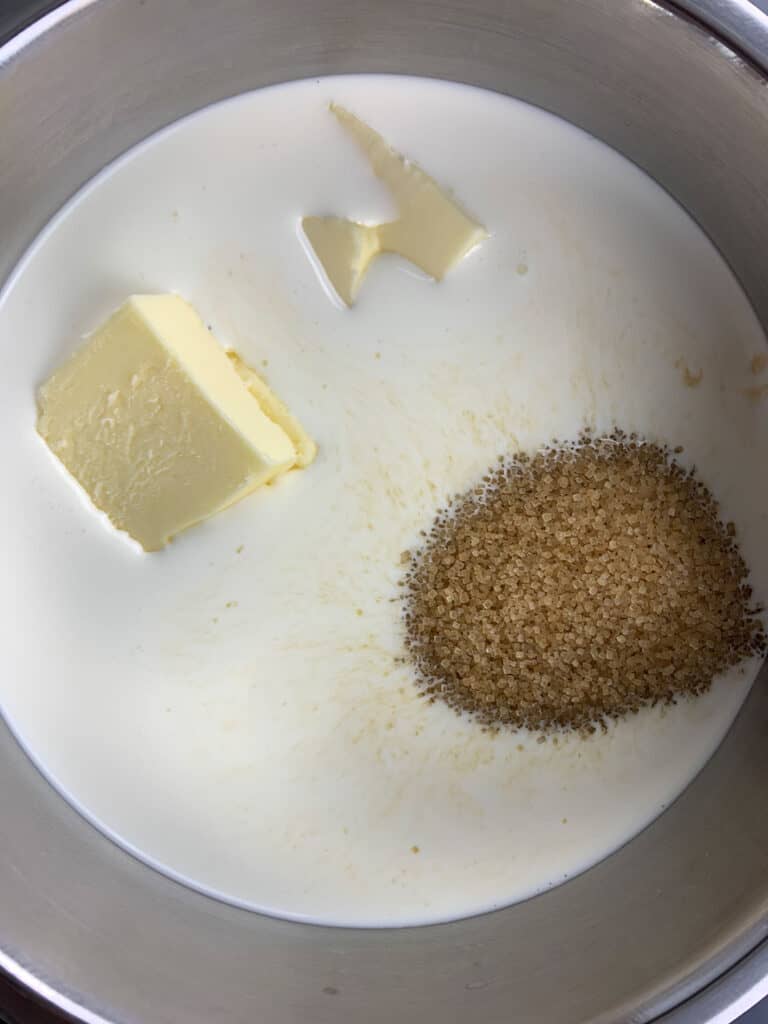 Cream, butter and brown sugar in a saucepan