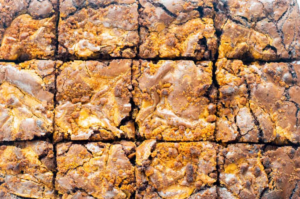 A full batch of biscoff brownies portioned with biscoff cookie crumb