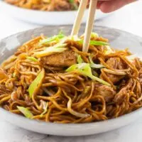 Chicken Chow Mein in a bowl with a pair of chop sticks