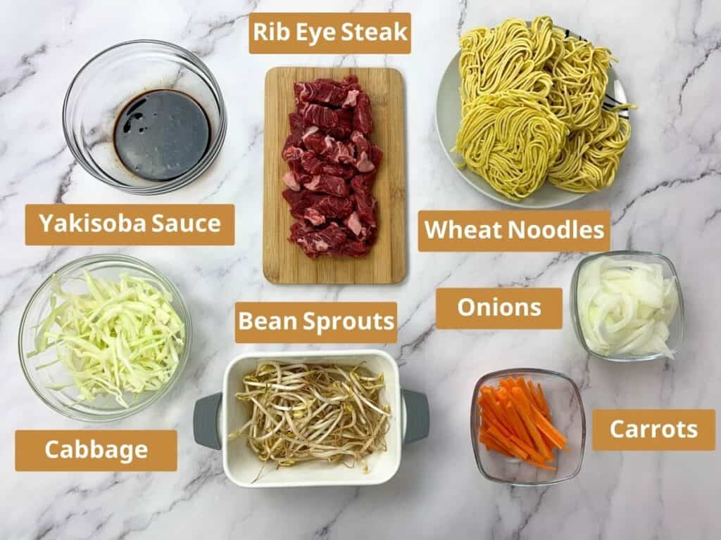 Raw prepped ingredients for beef yakisoba