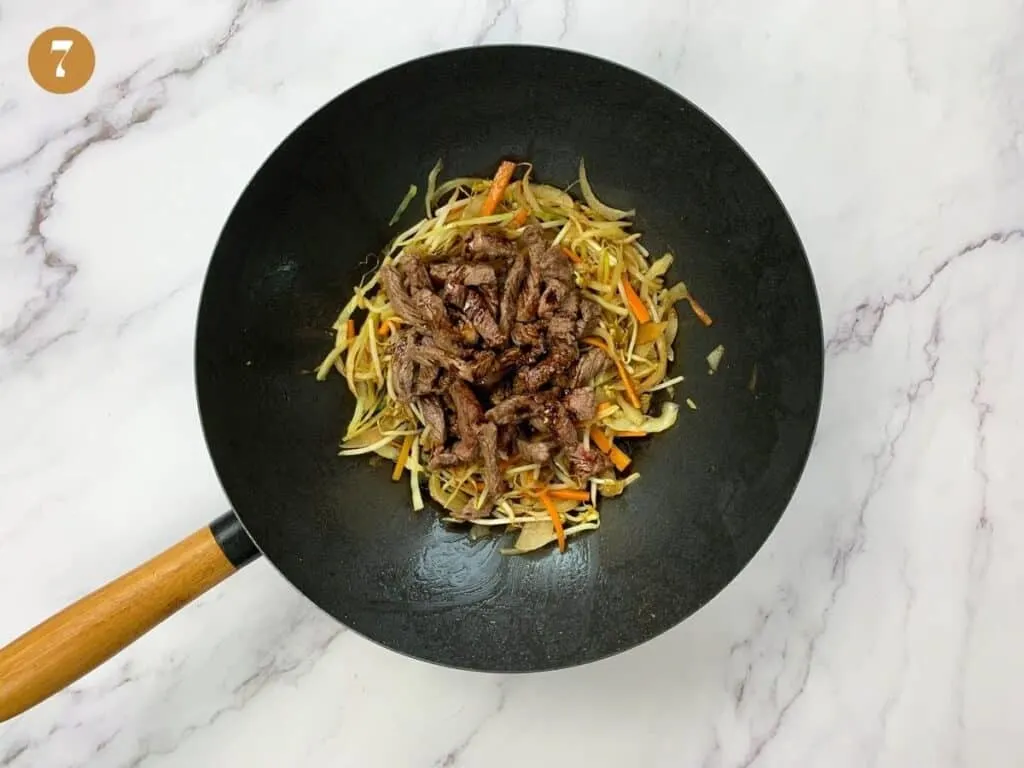 Beef steak, stir fried vegetables and yakisoba sauce
