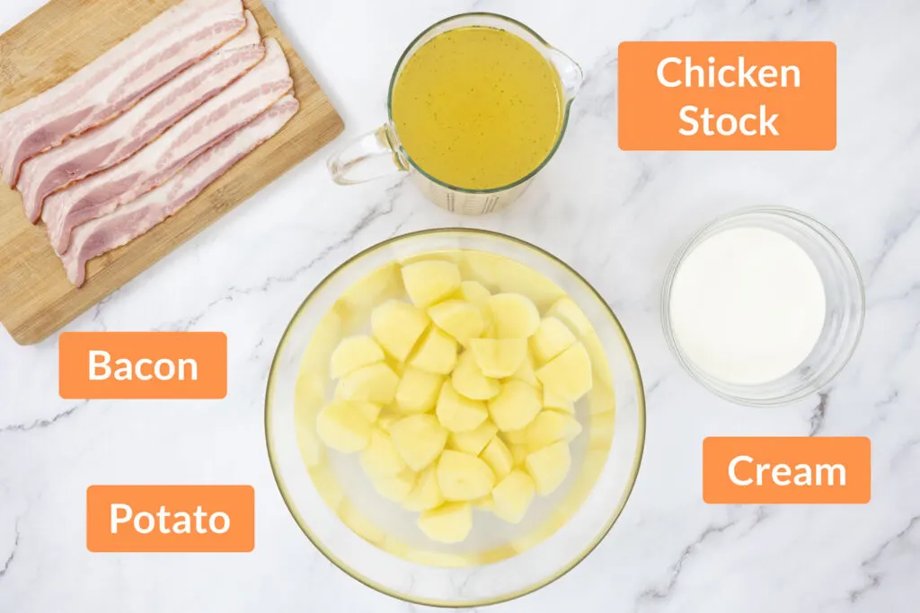Potato Soup Ingredients: Chicken Stock, Bacon, Potato, Cream