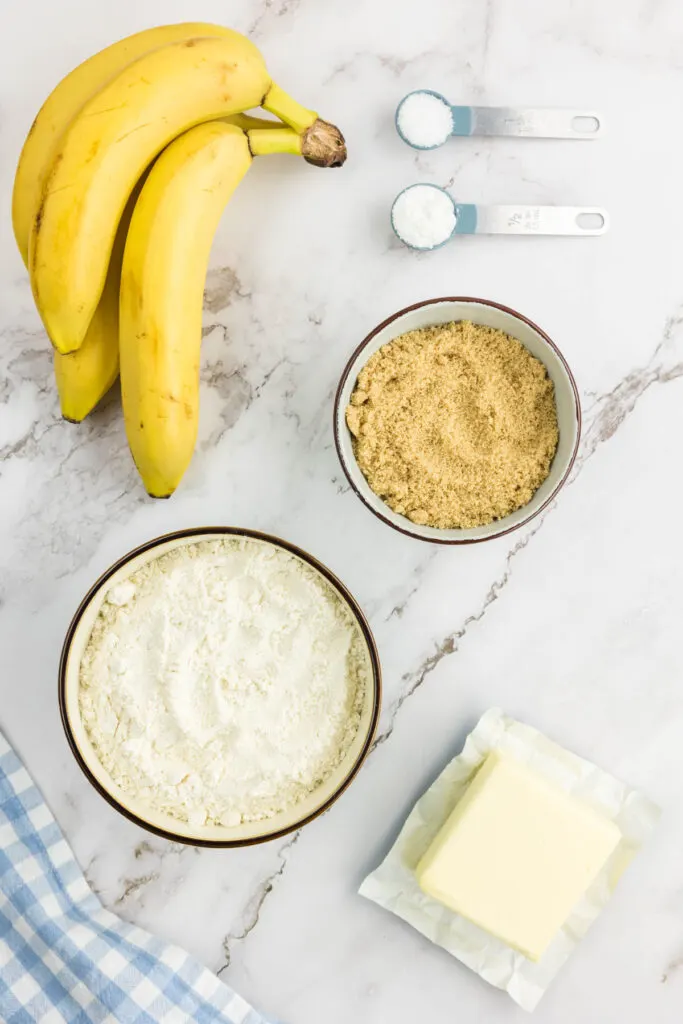 Banana bread without baking soda ingredients: bananas, butter, soft light brown sugar, flour, baking powder and salt