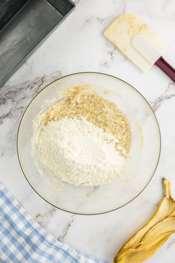 Flour mixture added to the banana bread mixture