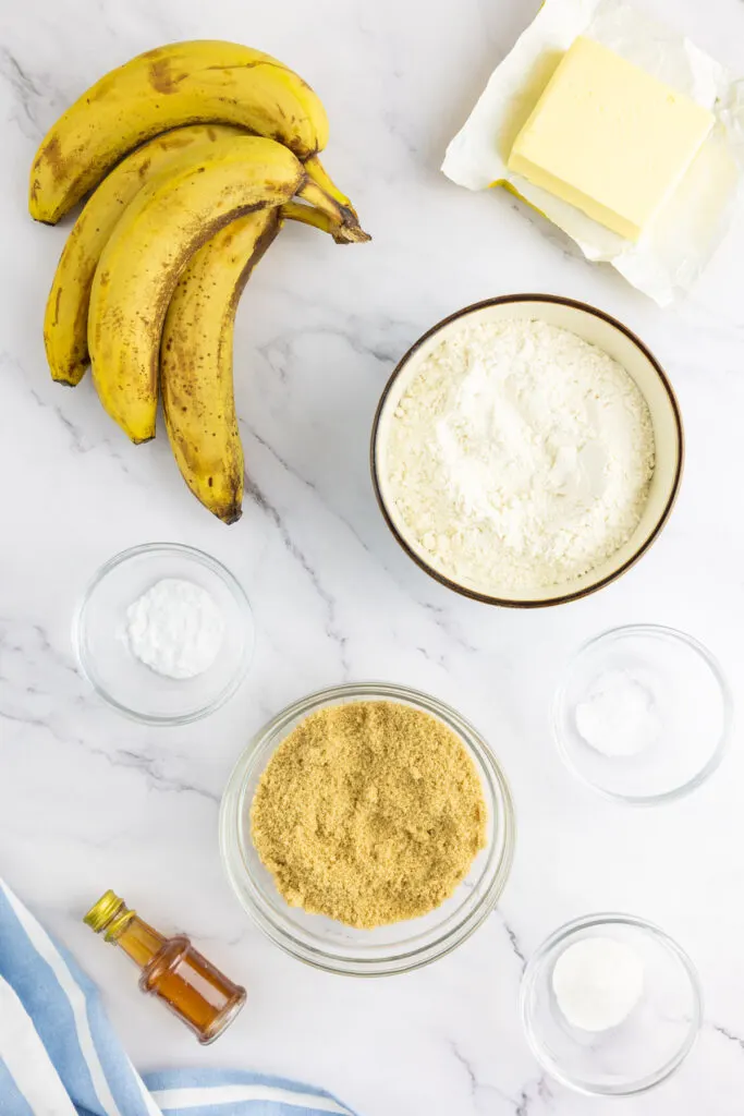 Dairy free banana bread: Bananas, vegan butter, soft light brown sugar, vanilla extract, flour, baking powder, baking soda, salt