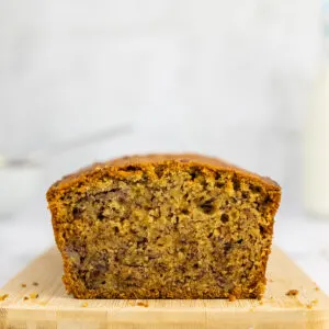 Dairy free banana bread on a wooden board
