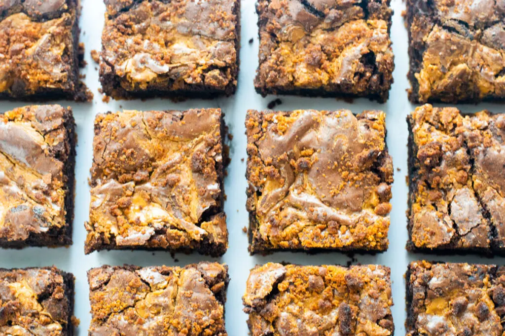 Biscoff brownies cut into squares