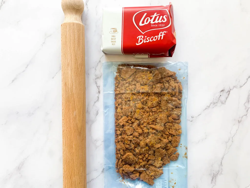 Crushed biscoff biscuits in a freezer bag
