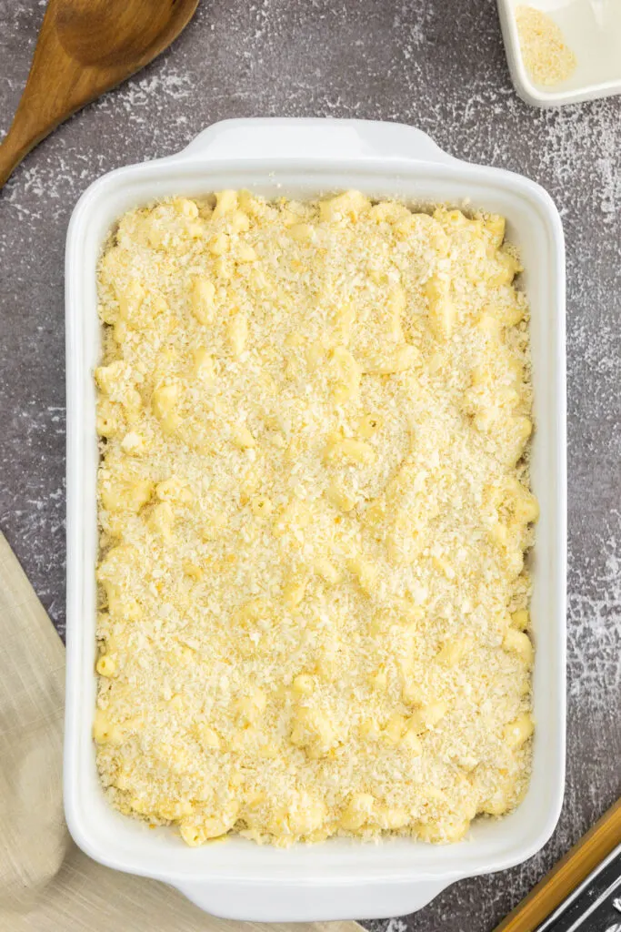 Smoked gouda mac and cheese with breadcrumbs on top in a baking dish