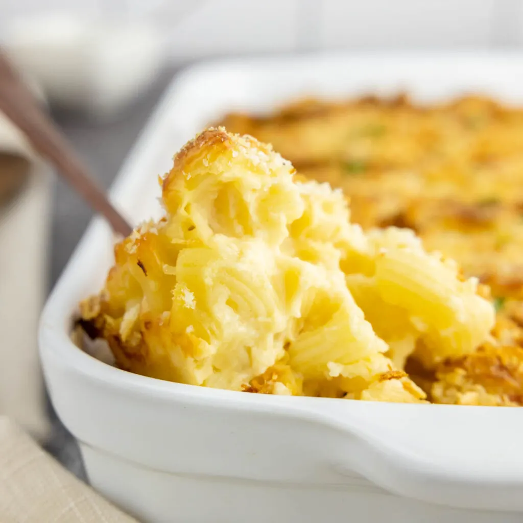 Creamy smoked Gouda mac and Cheese in a baking dish