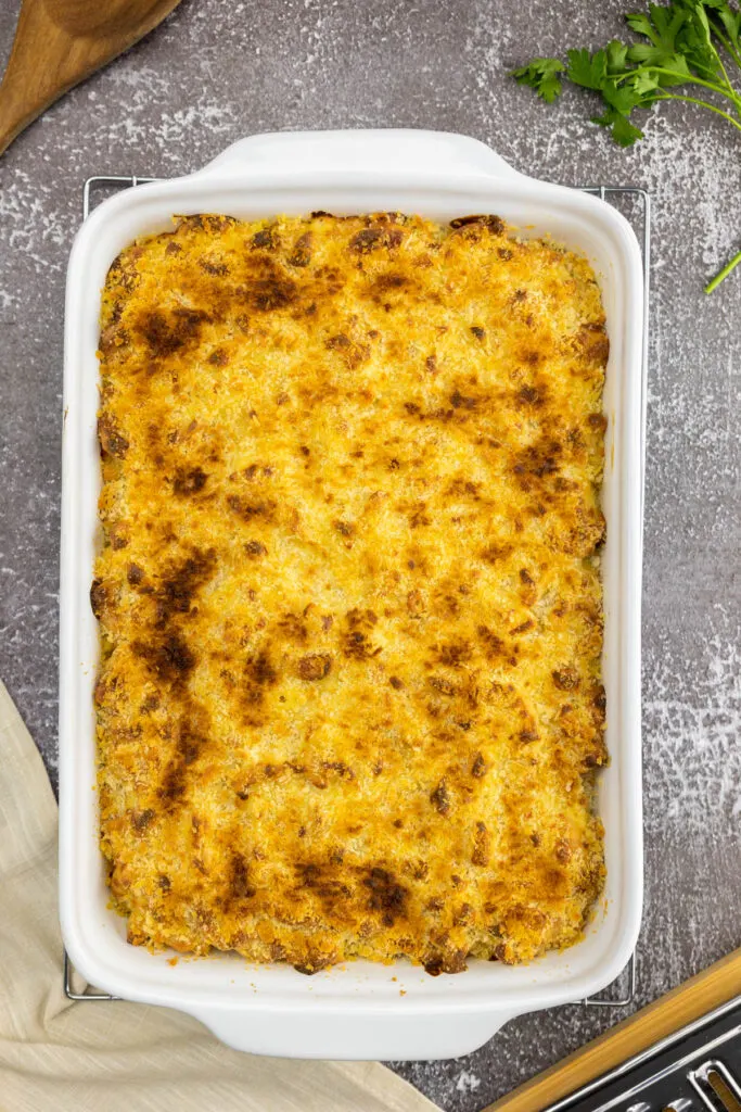Smoked gouda mac and cheese in a baking dish or a wire rack