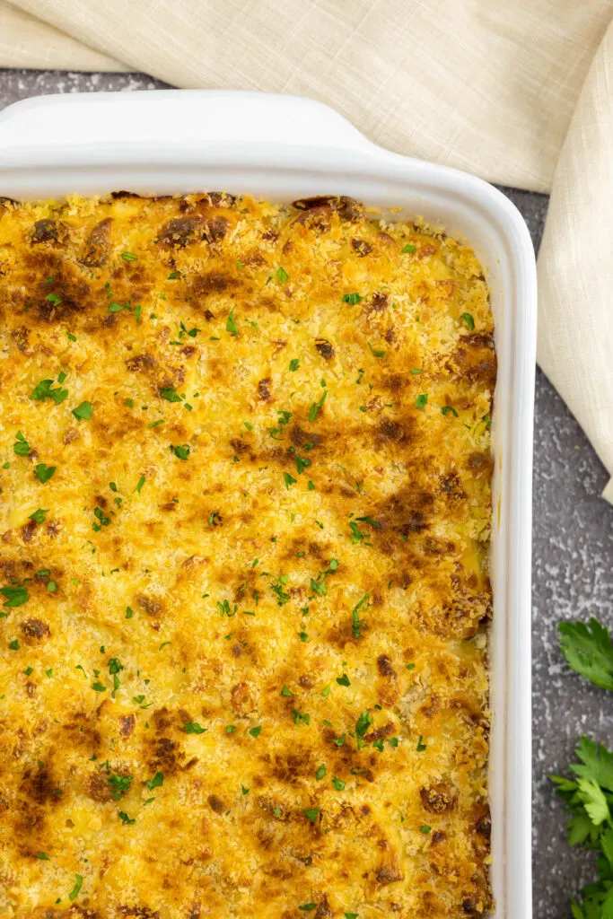 Mac and cheese in a white casserole dish