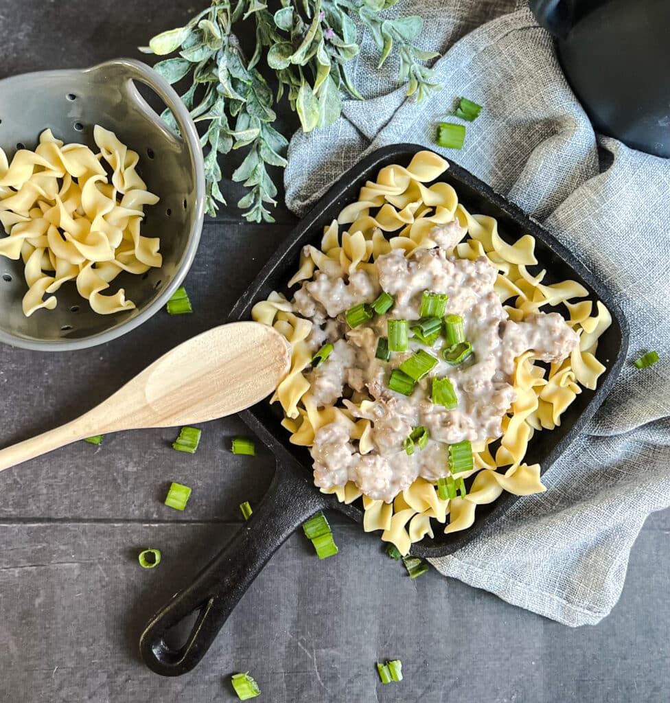 beef stroganoff with noodles in a skillet