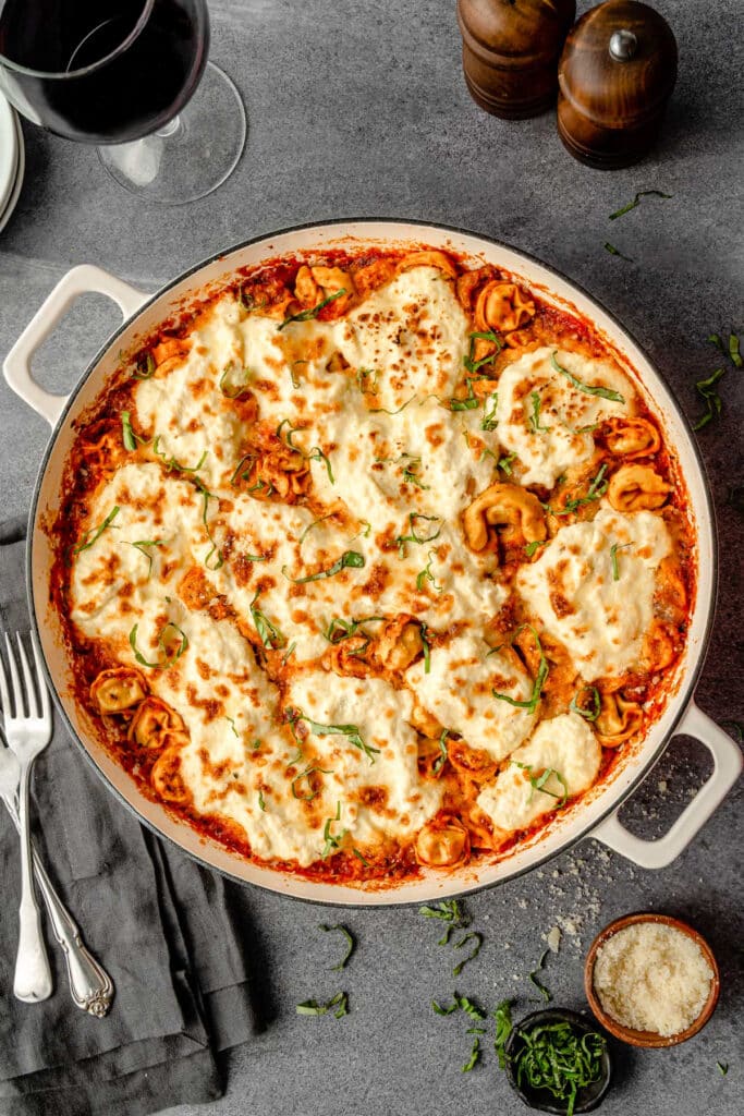 Tortellini Sausage bake in a pot with parsley