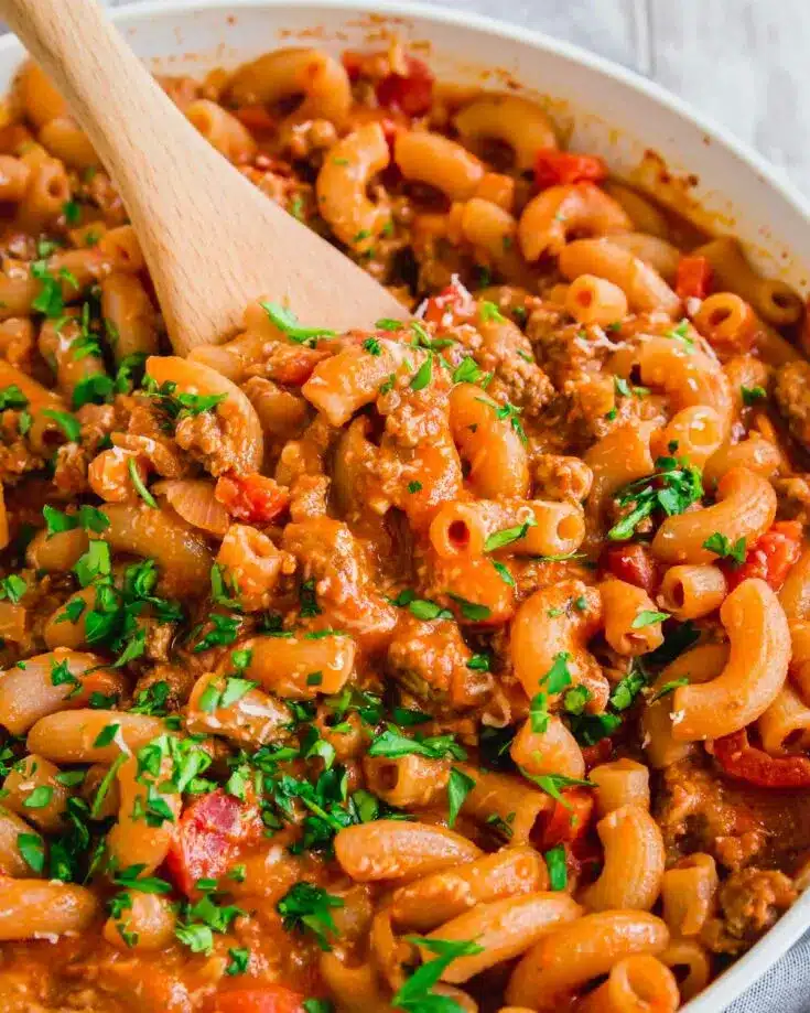 ground beef pasta in a skillet
