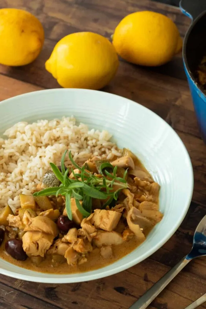 Spanish chicken stew with rice in a bowl