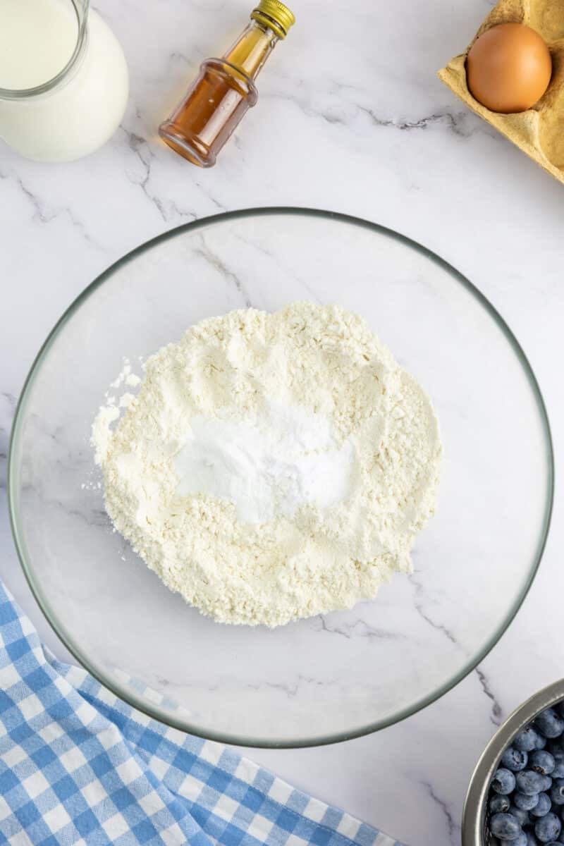 Flour, salt, baking powder and baking soda in a large bowl