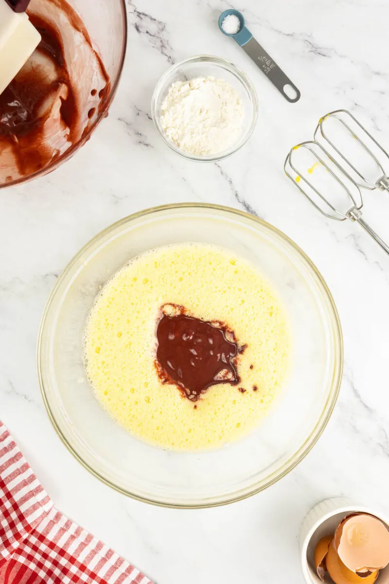Melted chocolate and egg mixture in a bowl