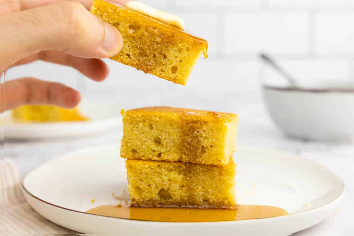 How to make cornbread from scratch: Cornbread stacked on a plate 