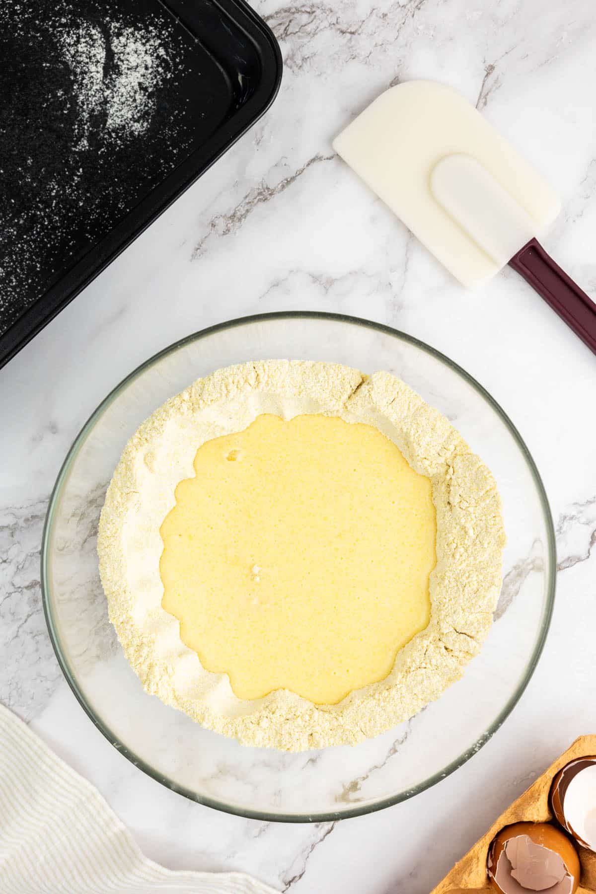 dry cornmeal mixture and wet ingredients in a large bowl