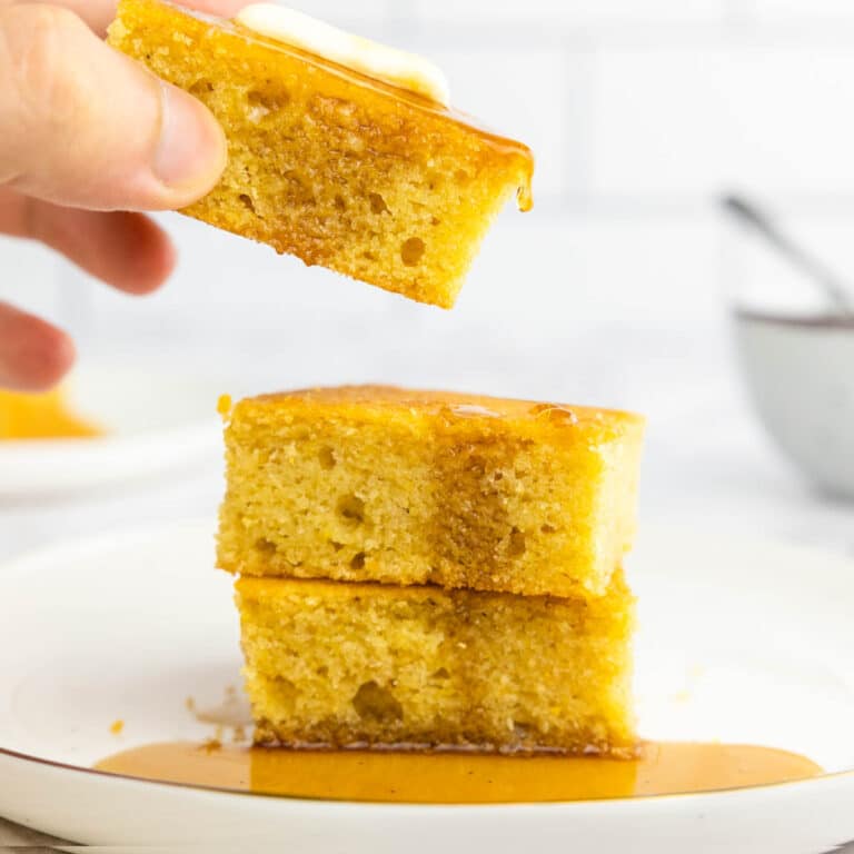 How to make cornbread from scratch: Cornbread stacked on a plate