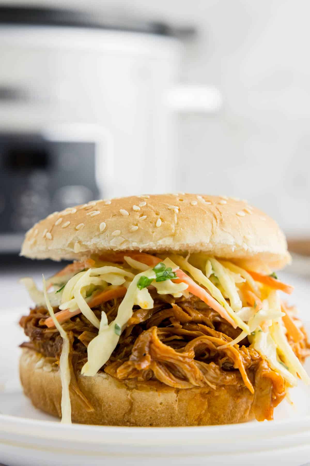 Close up of a pulled pork sandwich with slaw