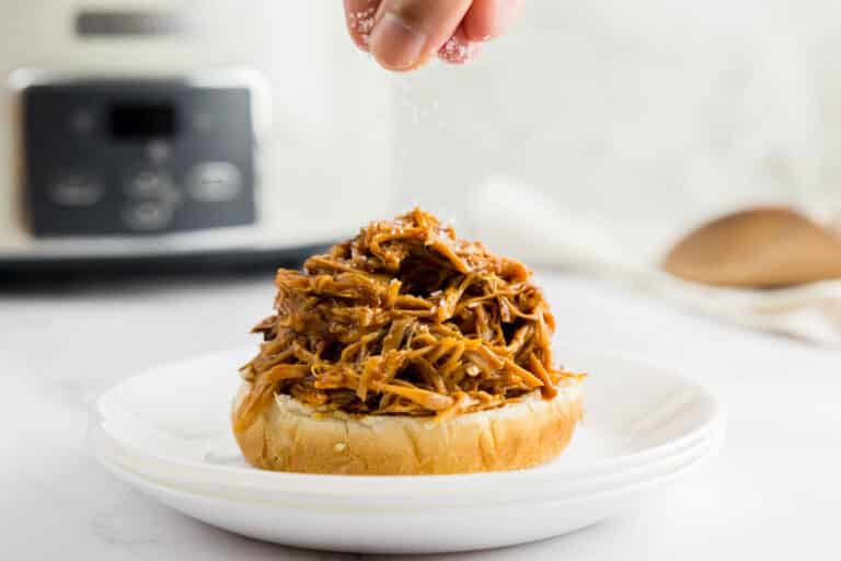 Pulled pork on a bun getting seasoned with salt