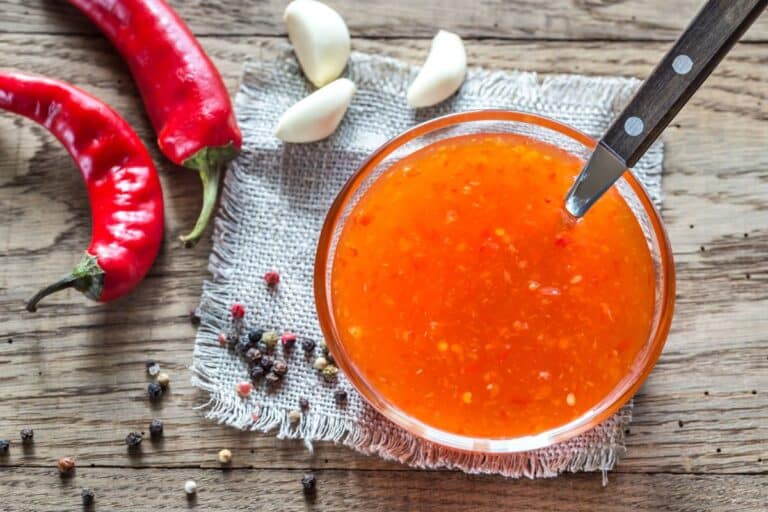 Sweet chili sauce in a glass dish.