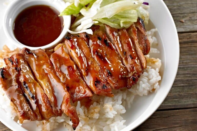 Teriyaki sauce glazed meat with rice.
