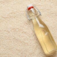 Rice vinegar in a bottle on top of rice.